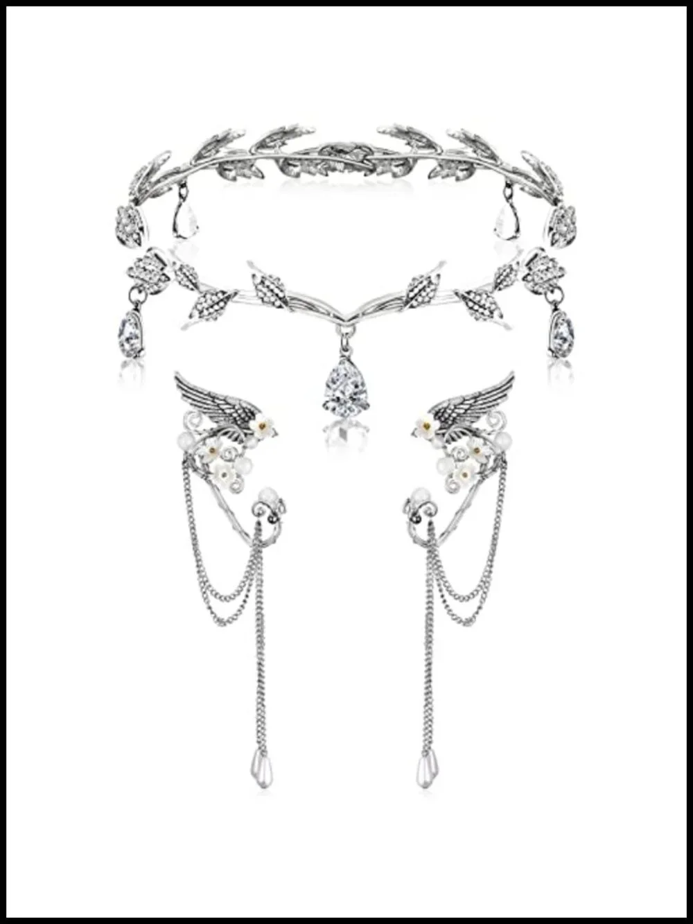 Fairy Costume Crown Headpiece Elf Ears Cuffs Rhinestone Tiara for Halloween